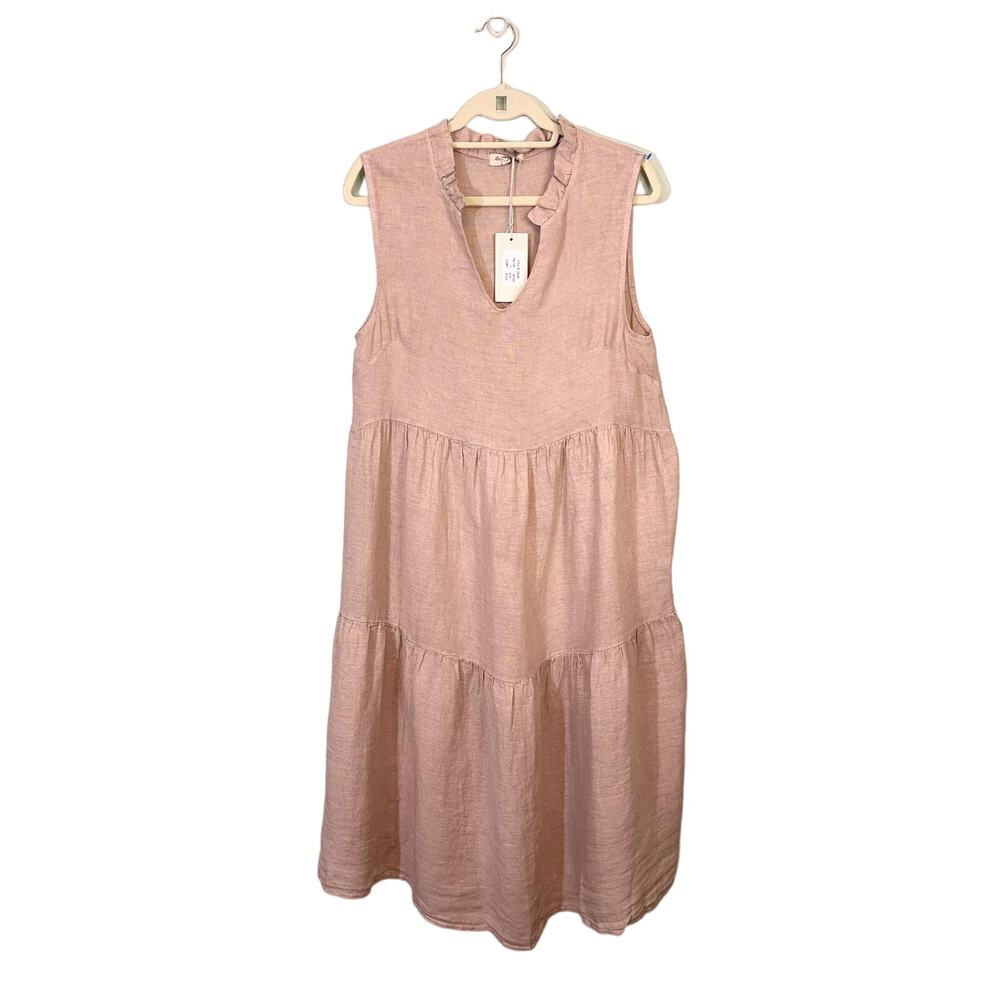 Le Ragazze Dress Neutral Brown Linen Sleeveless V Neck Ruffle Tiered Small NWT